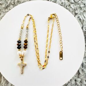 Elegant 18K Gold Plated brown and gray beads with cross women’s necklace. New
